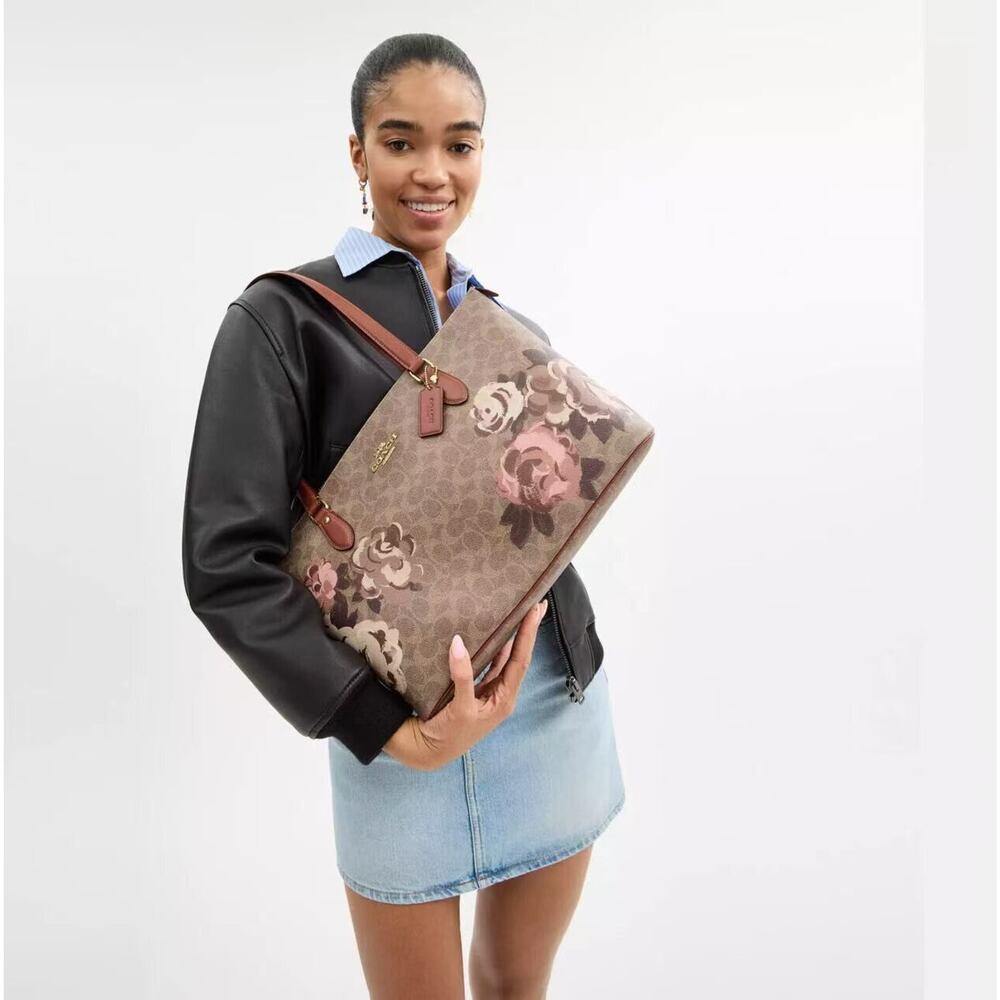 Coach Brown Floral Print Signature Canvas Tote with Pink Accents - Picture 7 of 13